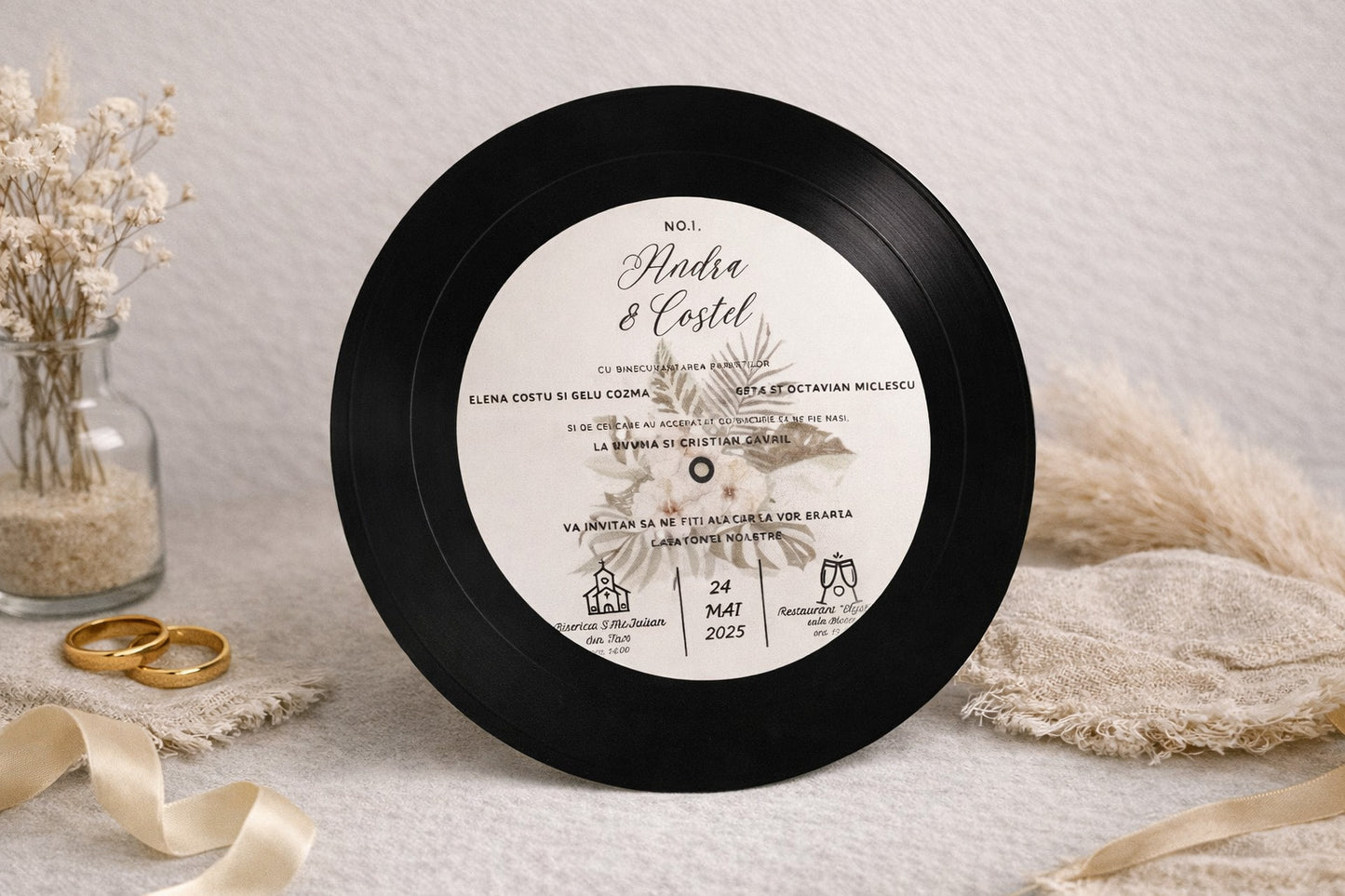 Invitație Nuntă tip Vinil – Save the Date Personalizat